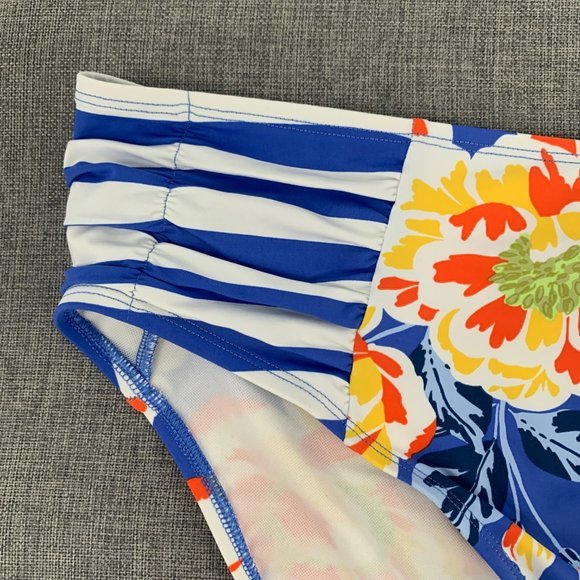 Brand New! Skye Floral Bikini Bottoms Mid Rise Large Blue White Striped Orange - Picture 4 of 12